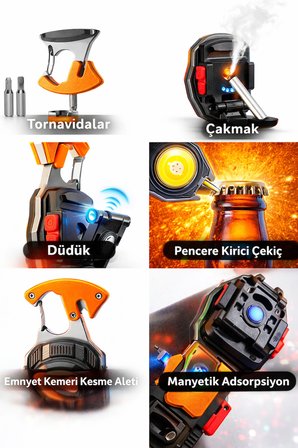 Çok Fonksiyonlu Şarjlı LED El Feneri | Acil Durum Kurtarma Aracı | USB Şarjlı | Emniyet Kemeri Kesici | Cam Kırıcı | Çakmaklı