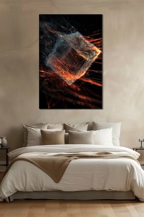 Soyut Enerji Küpü Baskılı Cam Tablo – Modern Dijital Art Işık Efektli Duvar Dekoru