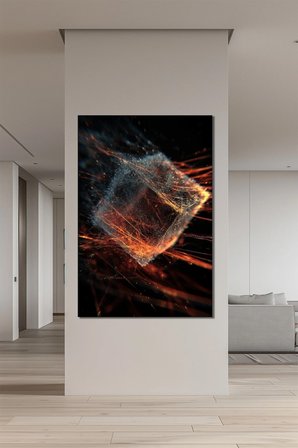 Soyut Enerji Küpü Baskılı Cam Tablo – Modern Dijital Art Işık Efektli Duvar Dekoru