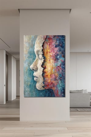 Soyut Yüz Portre Baskılı Cam Tablo – Renk Geçişli Modern Sanat Duvar Dekoru