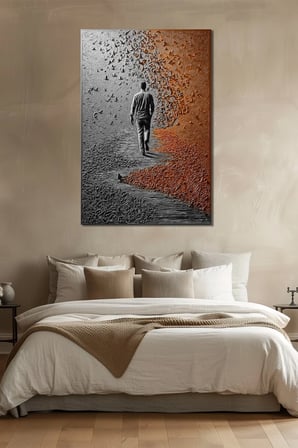 Yürüyen Adam Baskılı Cam Tablo – Soyut Yol ve Kuşlar Modern Duvar Dekoru