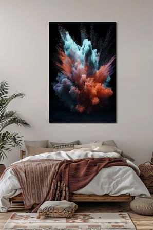 Renk Patlaması Baskılı Cam Tablo – Soyut Enerji ve Modern Sanat Duvar Dekoru