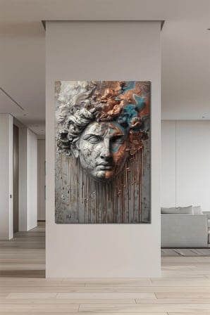 Antik Maske Baskılı Cam Tablo – Soyut Mermer Efektli Modern Sanat Duvar Dekoru