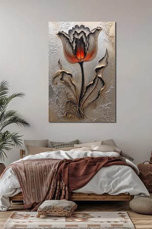 Lale Çiçeği Baskılı Cam Tablo – Kabartma Efektli Modern Floral Duvar Dekoru
