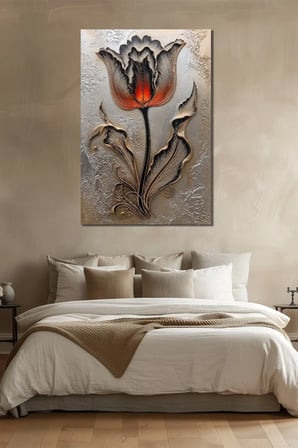 Lale Çiçeği Baskılı Cam Tablo – Kabartma Efektli Modern Floral Duvar Dekoru