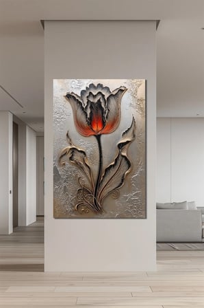 Lale Çiçeği Baskılı Cam Tablo – Kabartma Efektli Modern Floral Duvar Dekoru