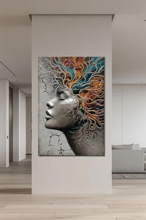 Kadın Portre Baskılı Cam Tablo – Soyut Ağaç Formlu Modern Sanat Duvar Dekoru