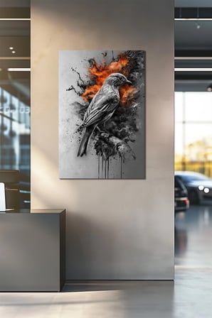 Ateş Efektli Kuş Baskılı Cam Tablo – Modern Sanatsal Dekoratif Duvar Tablosu