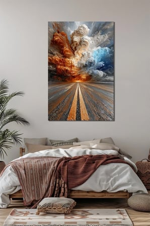 Soyut Yol ve Fırtına Manzara Baskılı Cam Tablo – Modern Dinamik UV Baskı Dekor