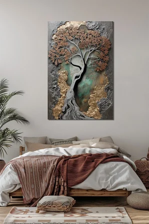Hayat Ağacı Baskılı Cam Tablo – Modern Kabartma Efektli Ağaç UV Baskı Dekor