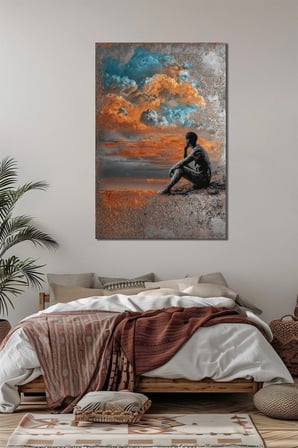 Gün Batımı Manzara İnsan Silüeti Baskılı Cam Tablo – Modern Sanat UV Baskı Dekoratif Tablo
