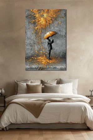 Şemsiyeli Adam Soyut Altın Sıçrama Baskılı Cam Tablo – Modern Sanat UV Baskı