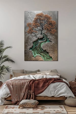 Hayat Ağacı Nehir Temalı Baskılı Cam Tablo – Modern Sanat UV Baskı Dekoratif Tablo