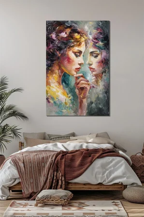 Soyut Kadın Yüzleri Yansıma Etkili Baskılı Cam Tablo – Modern Sanatsal Duvar Dekoru