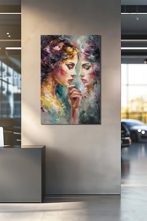Soyut Kadın Yüzleri Yansıma Etkili Baskılı Cam Tablo – Modern Sanatsal Duvar Dekoru