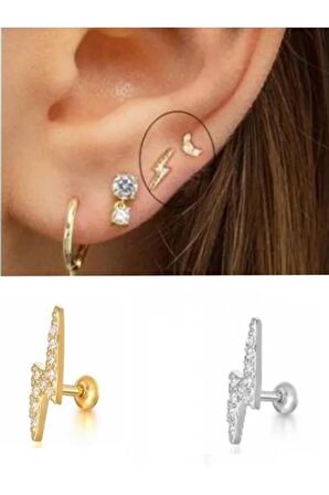 Zirkon Taşlı Şimşek Figürlü Tragus Helix Piercing Kıkırdak Küpesi