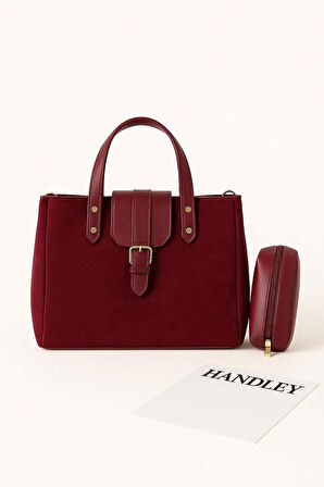 Kadın Süet Deri Detaylı El ve Omuz Çantası Seti