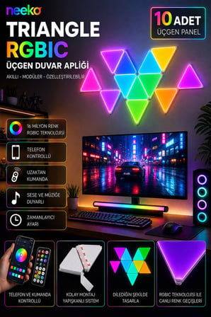 Triangle RGBIC Üçgen Duvar Apliği Telefon ve Kumanda Kontrollü Özelleştirilebilir 10 Parça
