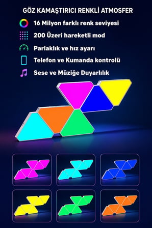 Triangle RGBIC Üçgen Duvar Apliği Telefon ve Kumanda Kontrollü Özelleştirilebilir 10 Parça