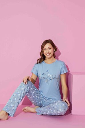 Kadın Bisiklet Yaka Viskon Kısa Kol Cepli Pijama Takımı