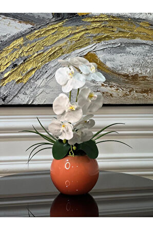 Yapay Orkideli Turuncu Cam Vazo
