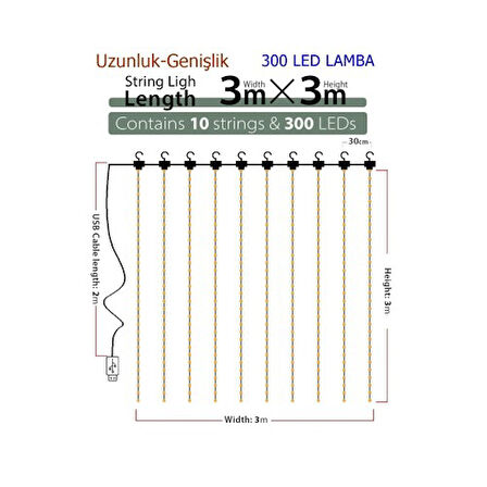 8 Fonksiyonlu Peri Perde Led Uzaktan Kumandalı Günışığı Perde Peri Led (3 mt x 3 mt)