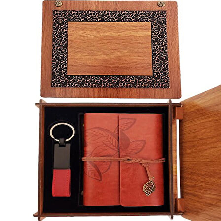 Dekoratif Ahşap Kutulu Kahverengi Deri Defter ve Anahtarlık Set
