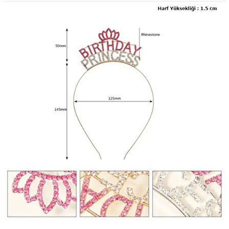 Kristal Taşlı Pembe Birthday Princess Yazılı Parti Tacı 19x11 cm