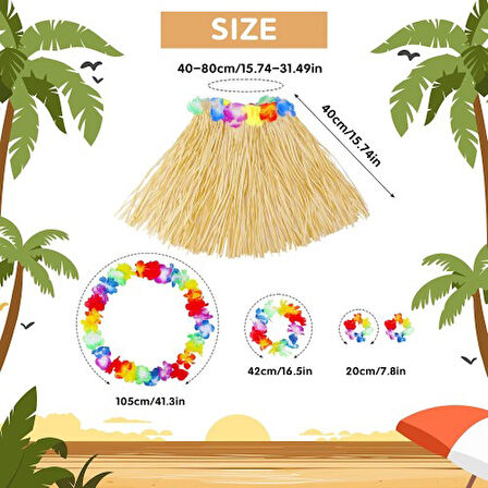 Yetişkin Çocuk Hawaii Parti Seti - 40 cm Naturel Etek + Çiçek Aksesuarlar (5 Parça)