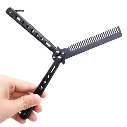 Siyah Katlanabilir Paslanmaz Çelik Kelebek Bıçak Tarak Sakal Bıyık Fırçası Profesyonel Saç Kesimi İçin Tarak