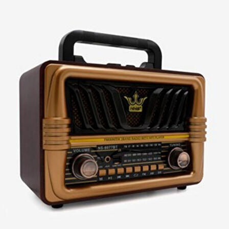 Büyük Boy Telefon Tutma Saplı Retro Ahşap Tasarım Bluetooth Hoparlörlü Radyo – FM/AM Destekli, Şarjlı ve Taşınabilir Radyo NS-8077