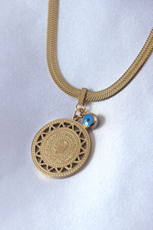 316L Çelik Gold Renk İtalyan Zincir Model Atatürk İşleme Nazar Boncuk Detay Kadın Kolye