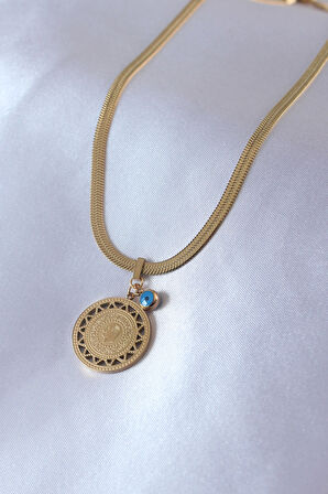 316L Çelik Gold Renk İtalyan Zincir Model Atatürk İşleme Nazar Boncuk Detay Kadın Kolye