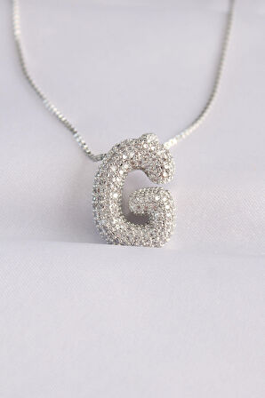 316L Çelik Zincirli Zirkon Taşlı G Harfli Silver Renk Bubble Kolye