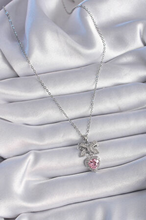 316L Çelik Gümüş Renk Zincir Zirkon Taşlı Kurdele Pembe Kalp Model Kadın Kolye