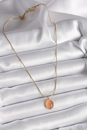 316L Çelik Gold Renk Turuncu Kedi Gözü Sedefli Oval Model Kadın Kolye