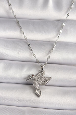 316L Gümüş Renk Zirkon Taşlı Sinek Kuşu Model Kadın Kolye