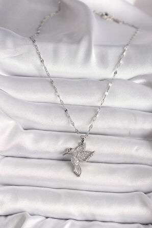 316L Gümüş Renk Zirkon Taşlı Sinek Kuşu Model Kadın Kolye