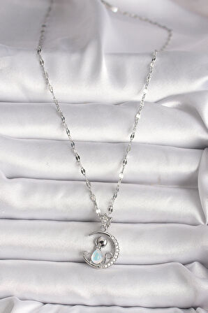 316L Çelik Gümüş Renk Zirkon Taşlı Hilal Mavi Sedefli Kedi Figür Yıldız Detay Kadın Kolye