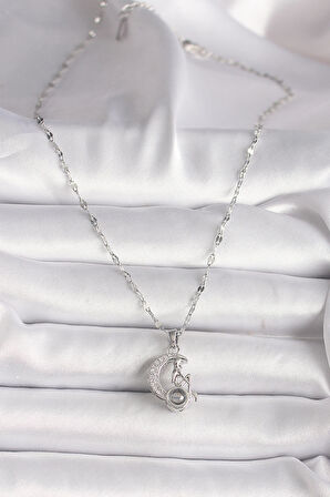 316L Çelik Gold Renk Zirkon Taşlı Hilal Oturan Kadın Figür Projeksiyon Model Kadın Kolye