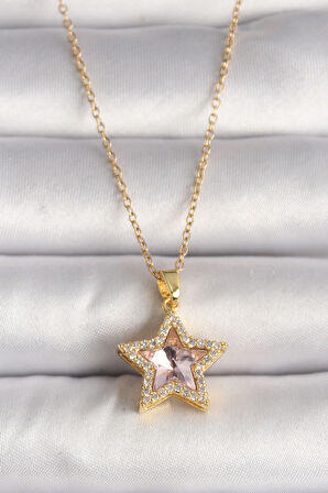 316L Çelik Gold Renk Zirkon Taşlı Pembe Yıldız Model Kadın Kolye