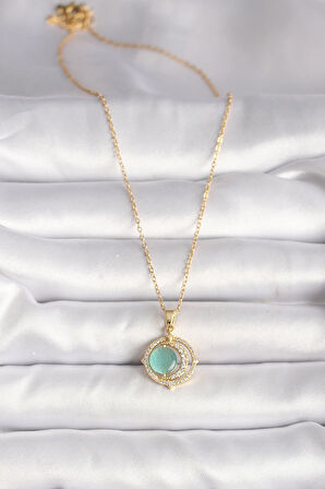 316L Çelik Gold Renk Zirkon Taşlı Yeşil Sedefli Hilal Model Kadın Kolye