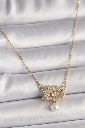 316L Çelik Gold Renk Zincir Zirkon Taşlı Lotus Çiçeği Figür Sallantı İnci Detay Kadın Kolye