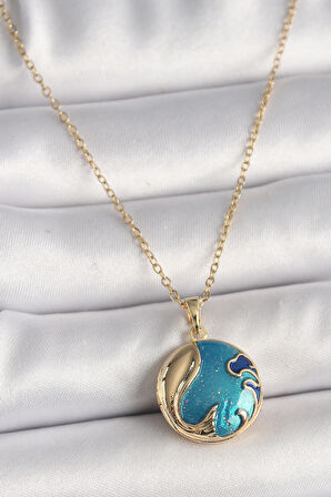 316L Çelik Gold Renk Zincir Mavi Dünya Model Kadın Kolye