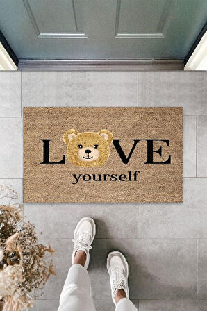 Kahverengi Kapı Önü Paspası Love Yourself Ayıcık Desen  K-3329