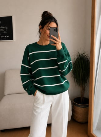 Kadın Çizgili Balıkçı Yaka Oversize Triko Kazak Uzun Kollu Salaş Model