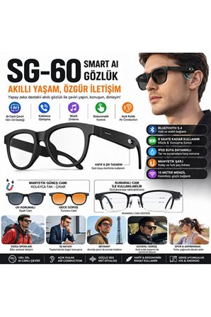 Yapay Zeka Akıllı Gözlük Bluetooth 5.4 130+ Dil Canlı Çeviri Hava İletimli Ses Teknolojisi IPX5 Manyetik Güneş Camı