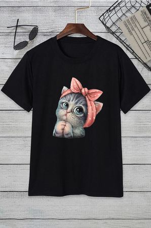 Unisex Sevimli Kedi Tasarım T-shirt