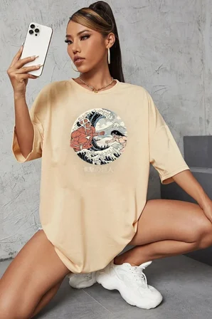 Unisex Kanagawa Oki Nami Ura Baskılı T-shirt