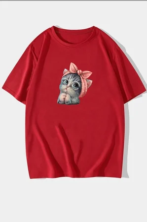 Unisex Sevimli Kedi Tasarım T-shirt